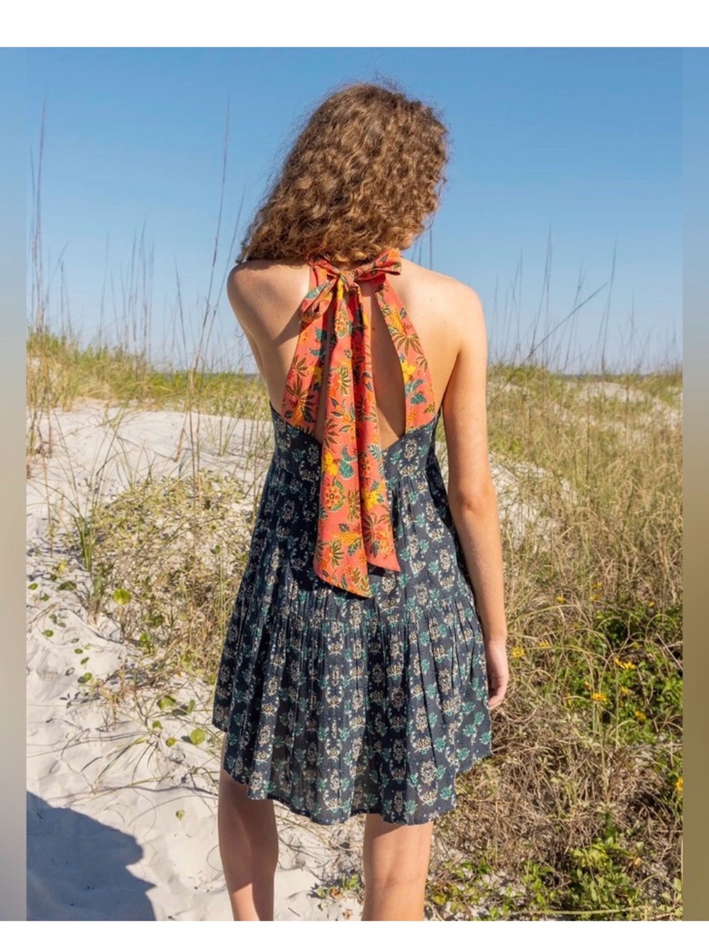 Floral Halter Tie-Back Sundress in Dark Teal and Rust